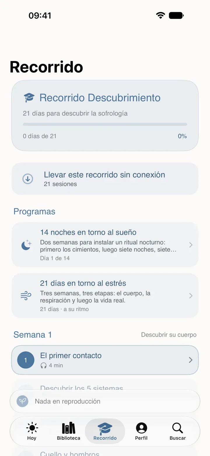 La pestaña Recorrido de Sophria en iPhone: el recorrido Descubrimiento, disponible sin conexión, y los programas.