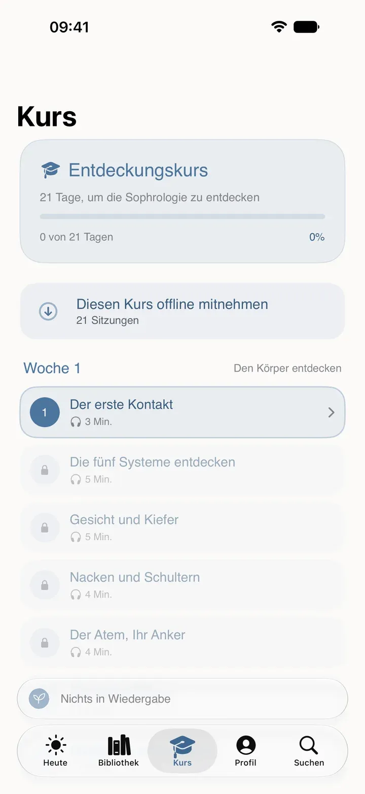 Der Kurs-Bereich von Sophria auf dem iPhone mit dem Entdeckungskurs, auch offline verfügbar.
