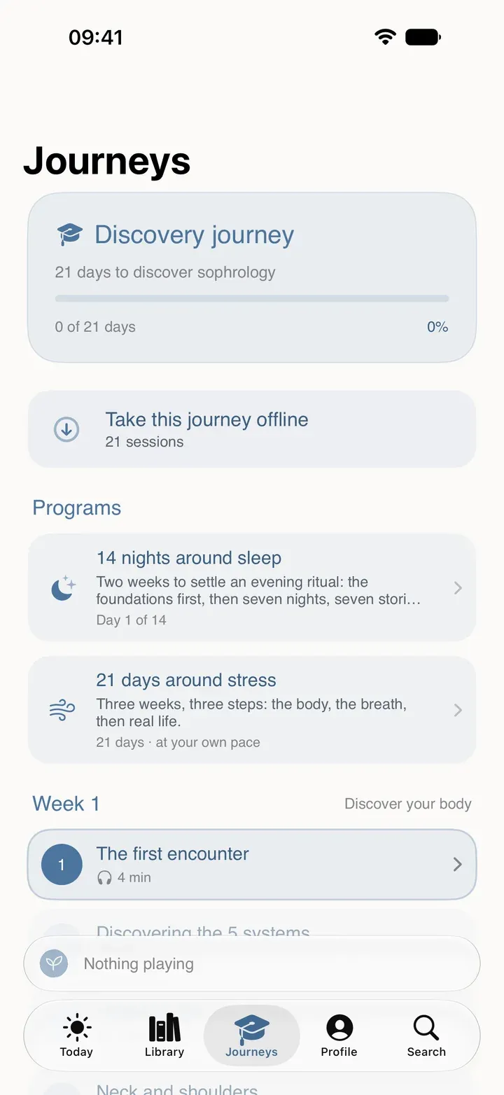 Sophria’s Journeys tab on iPhone: the Discovery journey, available offline, and the programs.