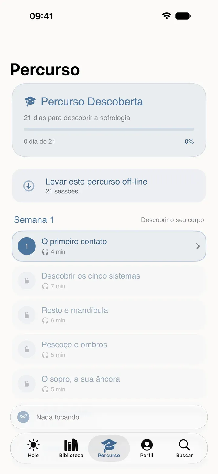 A aba Percurso da Sophria no iPhone com o percurso Descoberta, disponível também sem conexão.