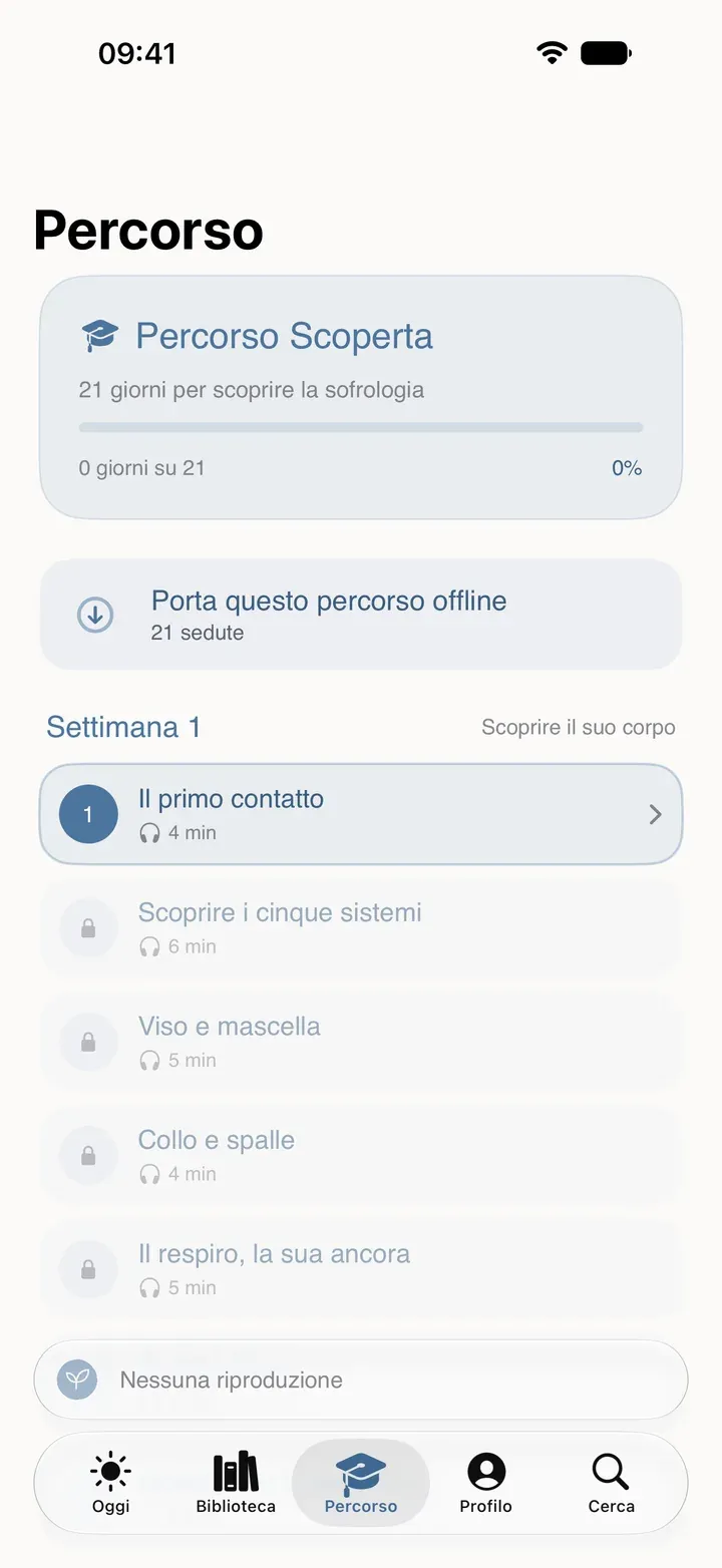 La sezione Percorso di Sophria su iPhone con il percorso Scoperta, disponibile anche offline.