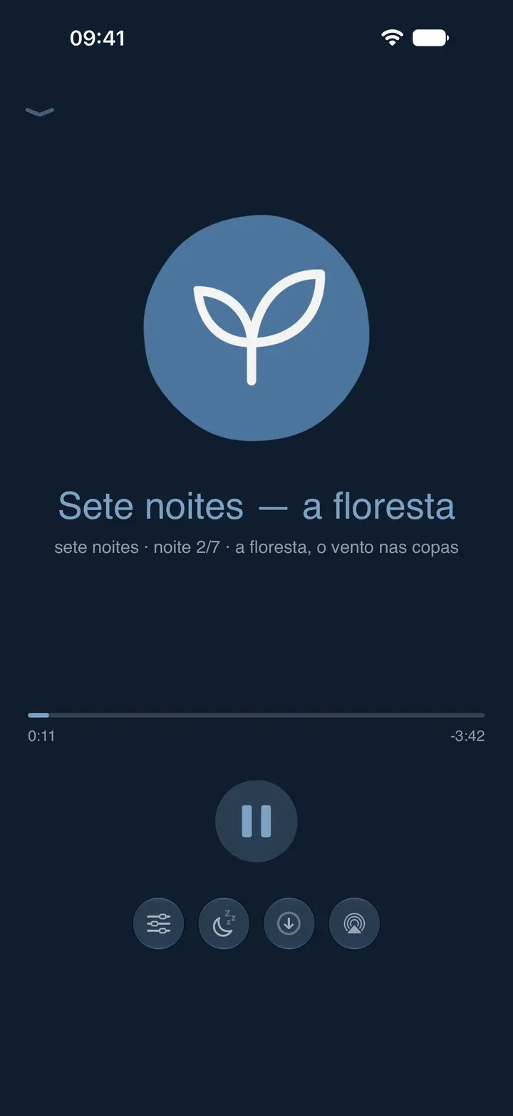 O player da Sophria no iPhone durante uma sessão de sono, com o equilíbrio entre voz e ambiente, o temporizador de sono e o download para ouvir sem conexão.