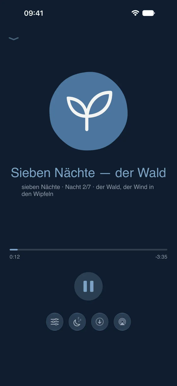 Der Player von Sophria auf dem iPhone während einer Schlafsitzung, mit der Balance zwischen Stimme und Klangkulisse, dem Einschlaf-Timer und dem Download zum Offline-Hören.