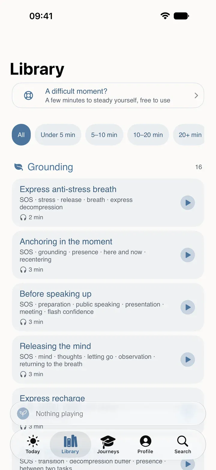 Sophria’s Library tab on iPhone: “A difficult moment?” free to use, filters by length, then sessions sorted by family.