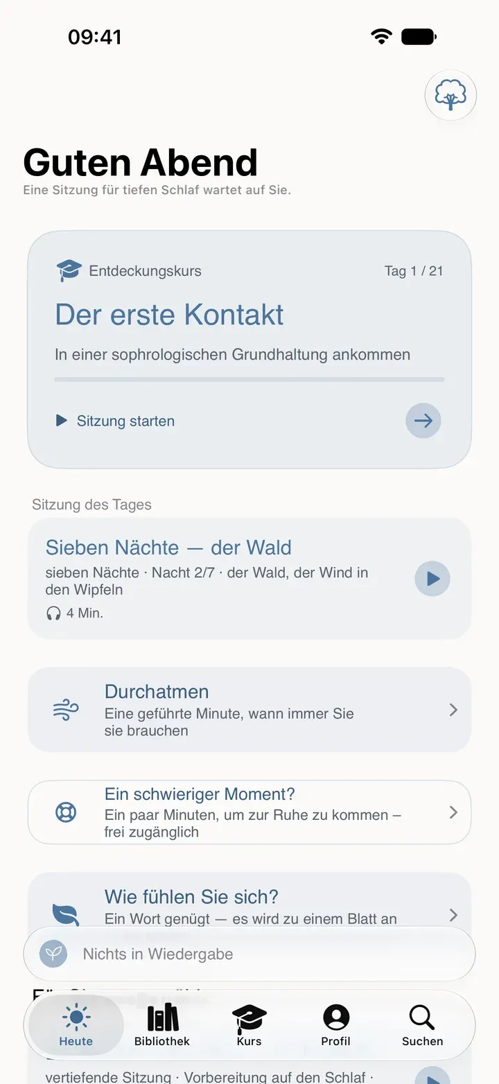 Der Heute-Bildschirm von Sophria auf dem iPhone: der Entdeckungskurs, die Sitzung des Tages und das geführte Atmen.