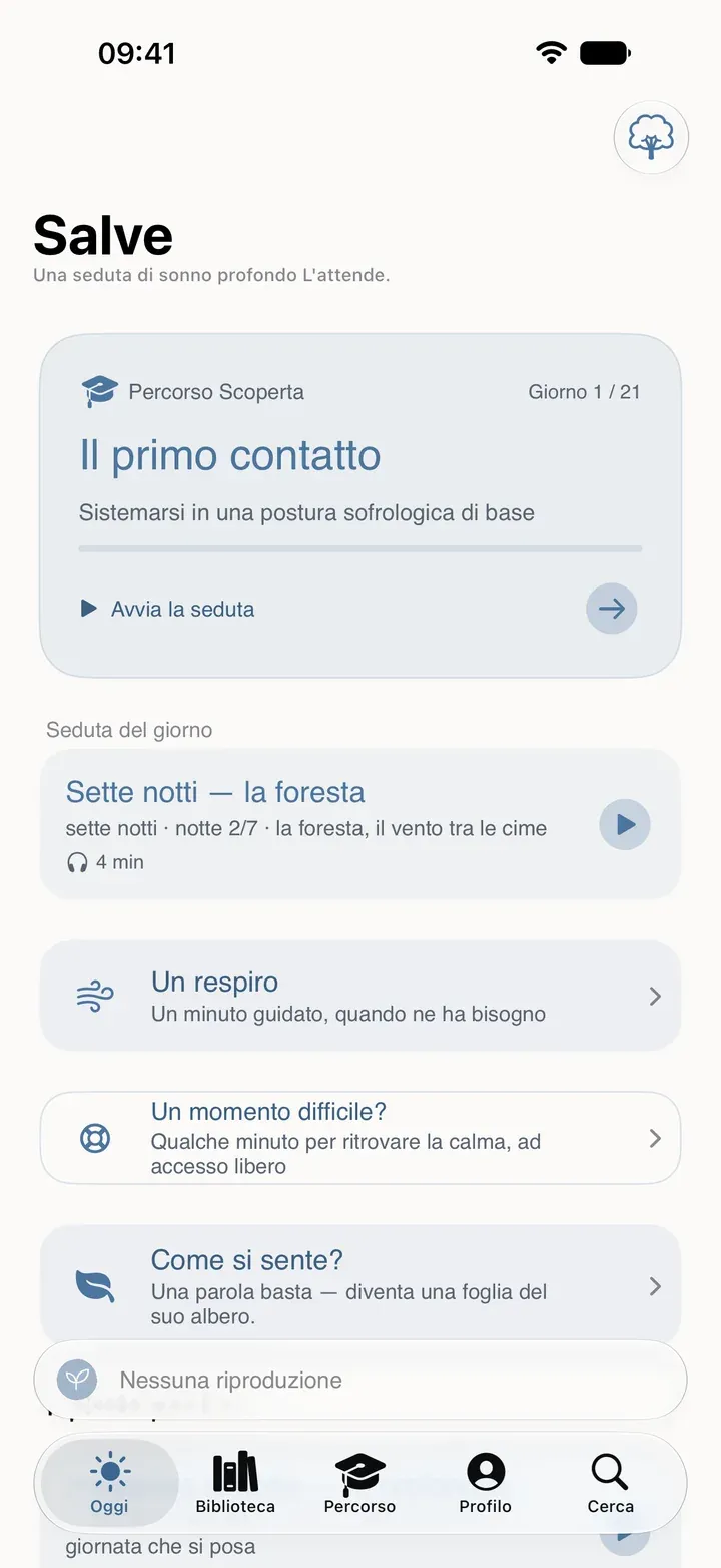 La schermata Oggi di Sophria su iPhone: il percorso Scoperta, la seduta del giorno e la respirazione guidata.