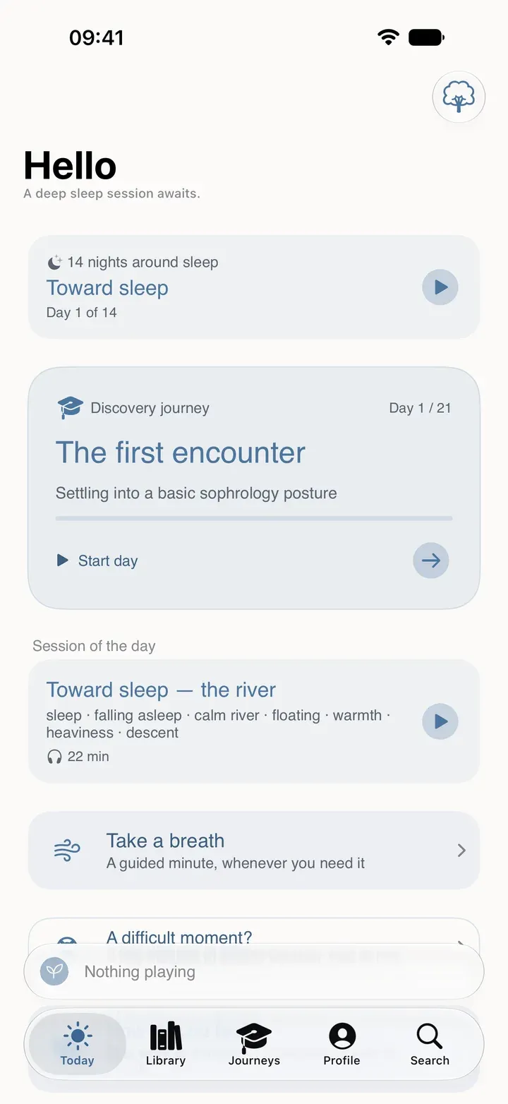 Sophria’s Today screen on iPhone: the “14 nights around sleep” program in progress, the Discovery journey, today’s session and guided breathing.