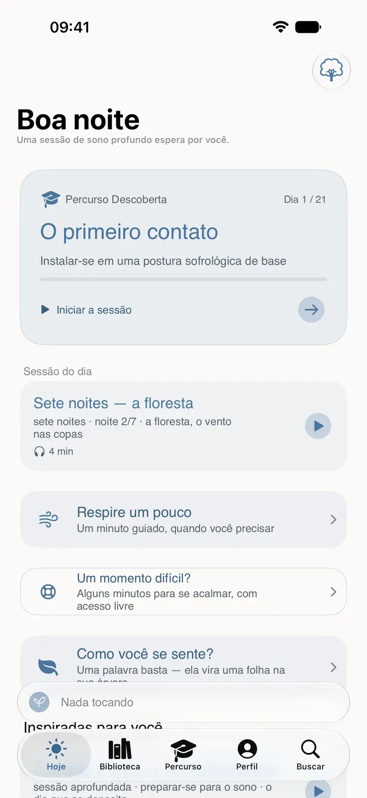 A tela Hoje da Sophria no iPhone: o percurso Descoberta, a sessão do dia e a respiração guiada.
